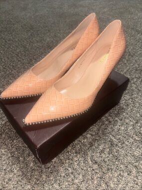 Quilted Peach Pointed-Toe Pumps with Silver Bead Trim